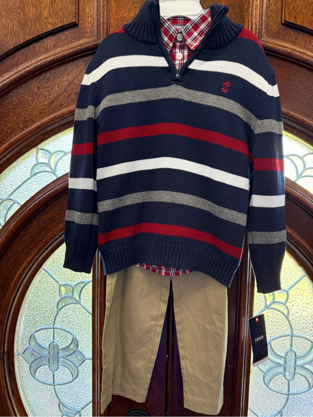 Izod Navy Striped Half-Zip Sweater with Red, White & Gray Bands set